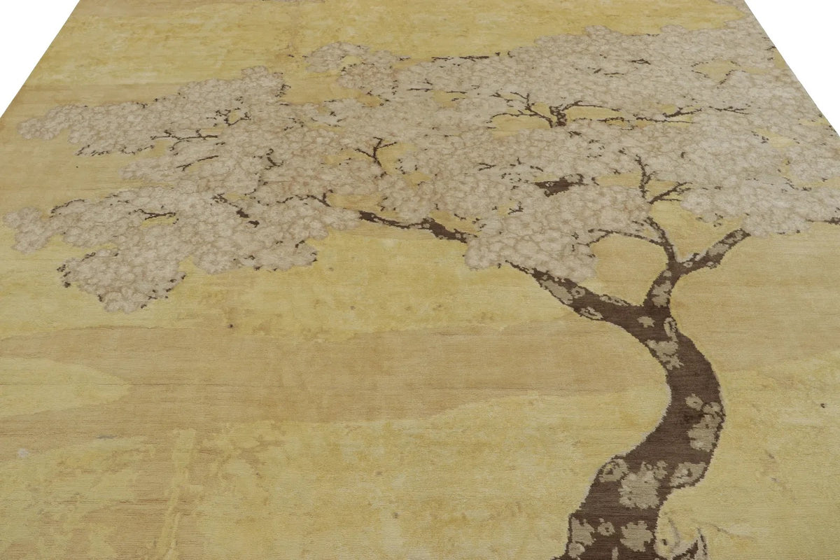 Rug & Kilim's Chinese Art Deco-Inspired Rug, Gold with Serene Pictorial “Breeze”, 9'0" x 10'1"