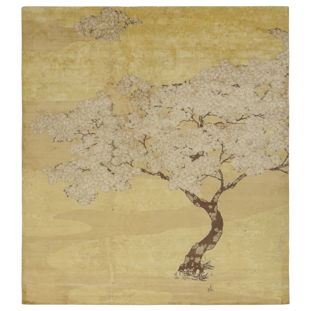 Rug & Kilim's Chinese Art Deco-Inspired Rug, Gold with Serene Pictorial “Breeze”, Silk, 9'0" x 10'1"