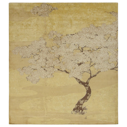 Rug & Kilim's Chinese Art Deco-Inspired Rug, Gold with Serene Pictorial “Breeze”, Silk, 9'0" x 10'1"